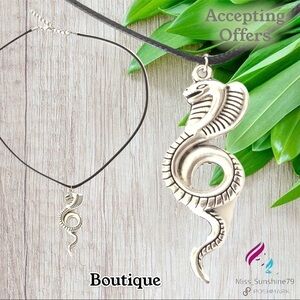 Boutique - snake cobra Tibetan silver pendant on braided leather necklace